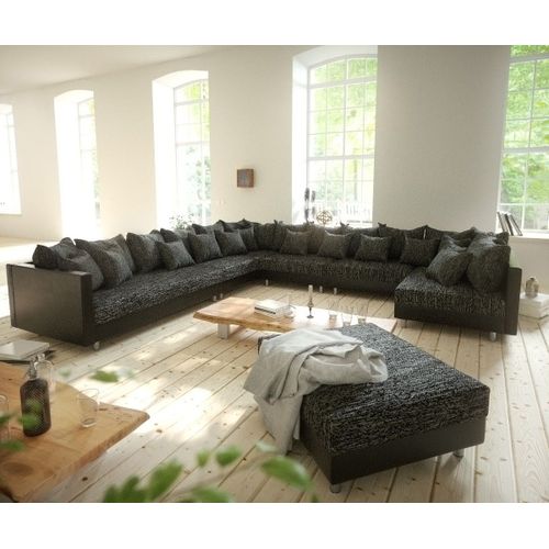 Canapé Clovis Xxl Noir Avec Tabouret Pouf Gauche Canapé Panoramique Canapé Modulable
