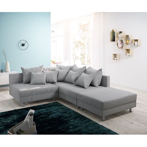Canapé Clovis Gris Tissu Plat Avec Tabouret Ottoman Droit Canapé D'angle