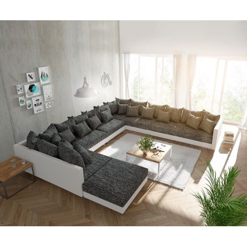 Canapé Clovis Xxl Canapé Panoramique Blanc Noir Avec Tabouret Poufs Droite