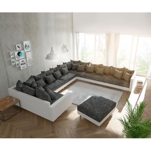 Canapé Clovis Xxl Canapé Panoramique Blanc Noir Avec Tabouret Et Accoudoirs Poufs Droite