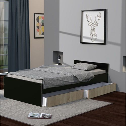 Lit Kappa 90x190 + 2 Tiroirs / Noir & Chêne Blanchi/ L194xl94xh59