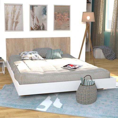 Lit Loft 140x190 + 1 Sommier + Tête De Lit / Blanc & Chêne Blanchi/ 192x143x75