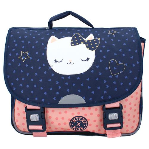 PROMOTION ! Cartable créateur 'Milky Kiss' bleu rose (chat) - 38x33x12 cm