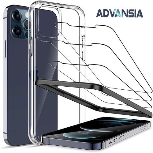 Advansia Coque Silicone Et Verre Trempé Pour Iphone 12 / Iphone 12 Pro 6.1 [X3] Et Cadre D'installation