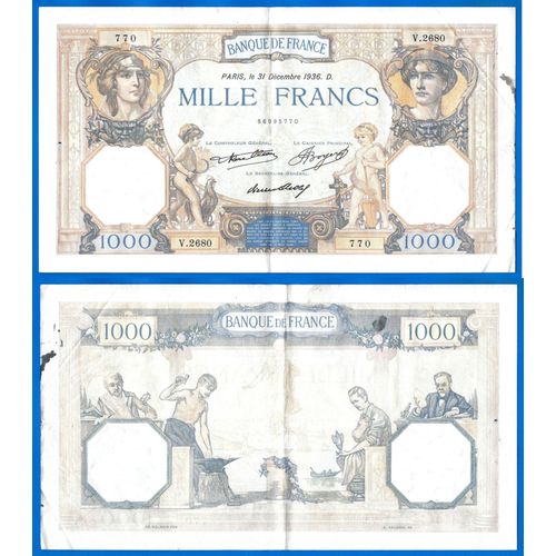 France 1000 Francs 1936 Ceres Mercure Grand Billet Franc Frcs Frc