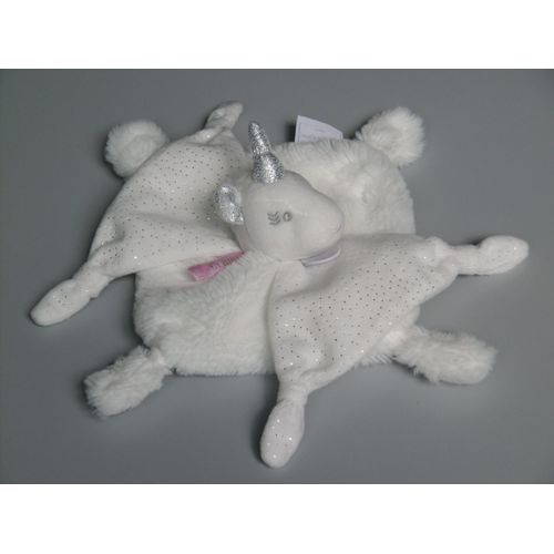 Doudou Peluche Licorne Plat Blanc Argent Doudou Et Compagnie