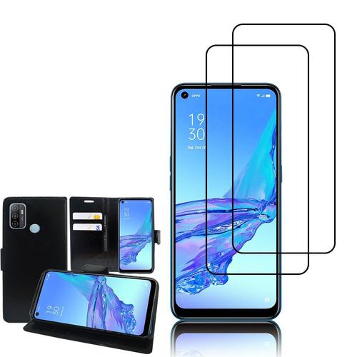 Etui Portefeuille Pour Oppo A53 2020/ A53s/A32/ A33 (2020) 6.5" Support Video Cuir Pu - Noir + 2 Films Verre Trempé - Noir