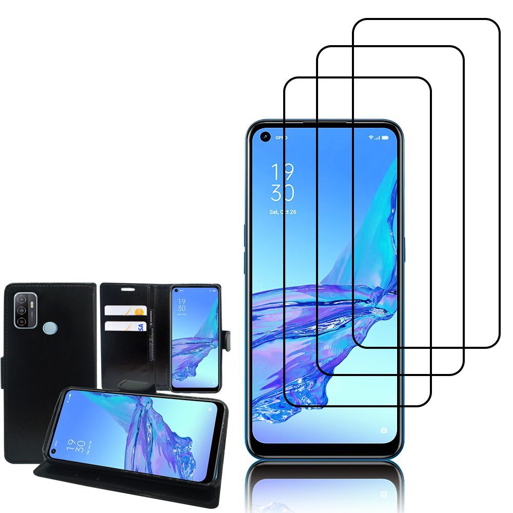 Etui Portefeuille Pour Oppo A53 2020/ A53s/A32/ A33 (2020) 6.5" Support Video Cuir Pu - Noir + 3 Films Verre Trempé - Noir