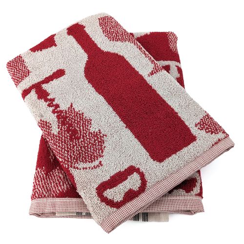 Lot De 2 Torchons De Cuisine Pur Coton 50x50 Cm Vitis Motifs Viticole Rouge