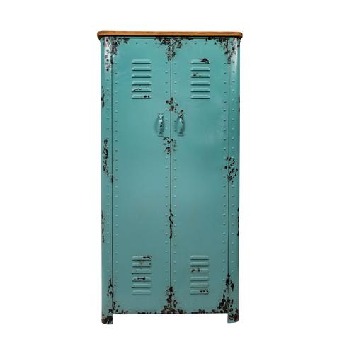 Armoire Industrielle 2 Portes 75x38x153 Cm En Sapin Et Fer Bleu