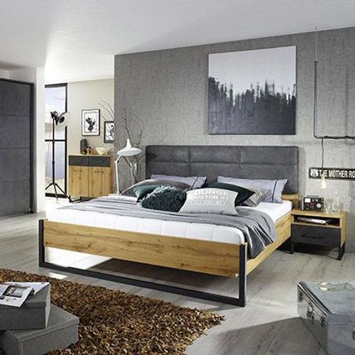 Lit 140x190 Cm Avec Un Chevet Décor Chêne Et Anthracite - Detroit