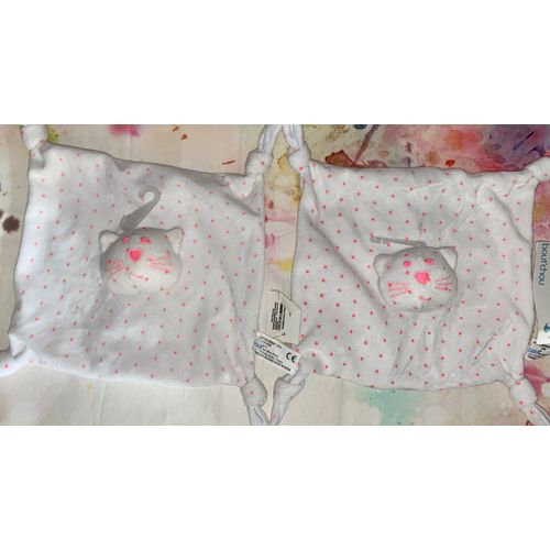 Lot De Deux Doudou Chat Plat Bout'chou Monoprix Blanc Etoiles Roses Fluo Peluche Jouet