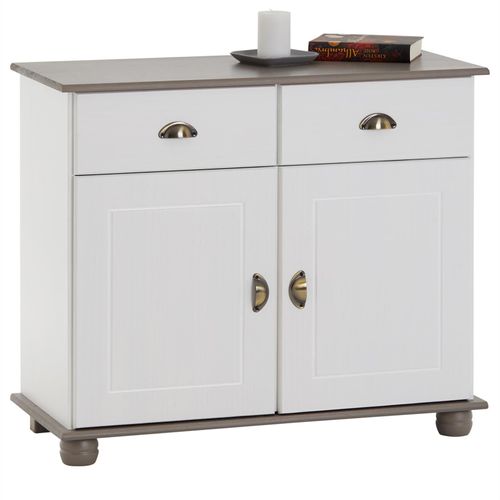 Buffet Colmar Commode Bahut Vaisselier Meuble Bas Rangement Avec 2 Tiroirs Et 2 Portes, En Pin Massif Lasuré Blanc Et Taupe