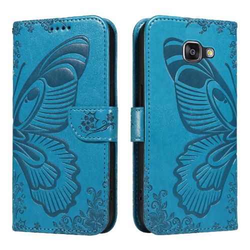 Flip Étui Pour Samsung Galaxy A3 2016 Sangle De Main Détachable Cuir De Haute Qualité Avec Fente Pour Carte De Crédit Papillon En Relief - Bleu