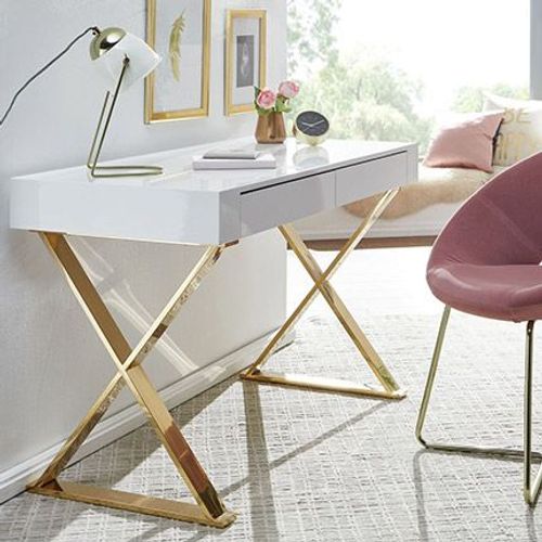 Bureau 2 Tiroirs 118x57x76 Cm Blanc Et Pieds Dorés