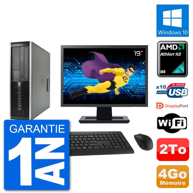 PC HP 6005 SFF Ecran 19" AMD Athlon II X2 B24 RAM 4Go Disque 2To Windows 10 Wifi