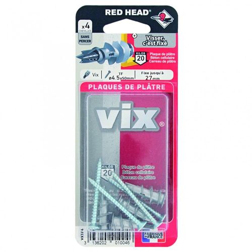 Lot de 4 chevilles et vis à visser vix RED HEAD, Diam.12 x L.30 mm