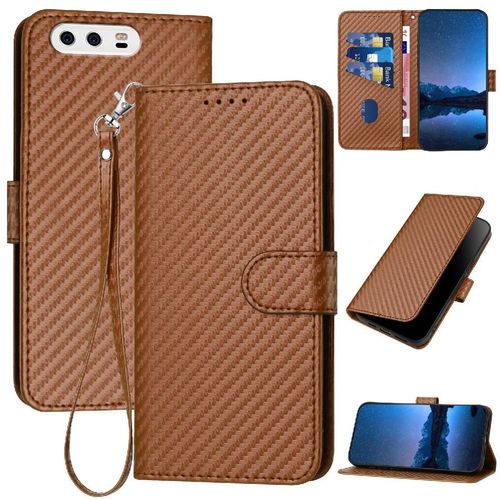Flip Étui Pour Huawei P10 Surface De Fibre De Carbone Cuir Premium Avec Fente Pour Carte Et Béquille Avec Sangle Détachable - Le Brun