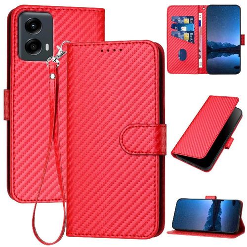 Flip Étui Pour Motorola Moto 5g 2024 Cuir Premium Avec Sangle Détachable Avec Fente Pour Carte Et Béquille Surface De Fibre De Carbone - Rouge