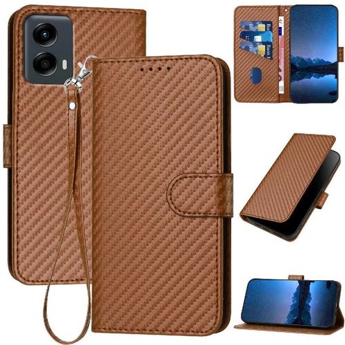 Flip Étui Pour Motorola Moto 5g 2024 Cuir Premium Avec Sangle Détachable Avec Fente Pour Carte Et Béquille Surface De Fibre De Carbone - Le Brun