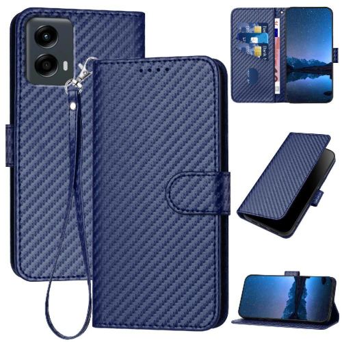 Flip Étui Pour Motorola Moto 5g 2024 Cuir Premium Avec Sangle Détachable Avec Fente Pour Carte Et Béquille Surface De Fibre De Carbone - Bleu