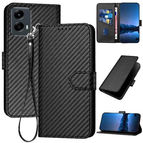 Flip Étui Pour Motorola Moto 5g 2024 Cuir Premium Avec Sangle Détachable Avec Fente Pour Carte Et Béquille Surface De Fibre De Carbone - Noir