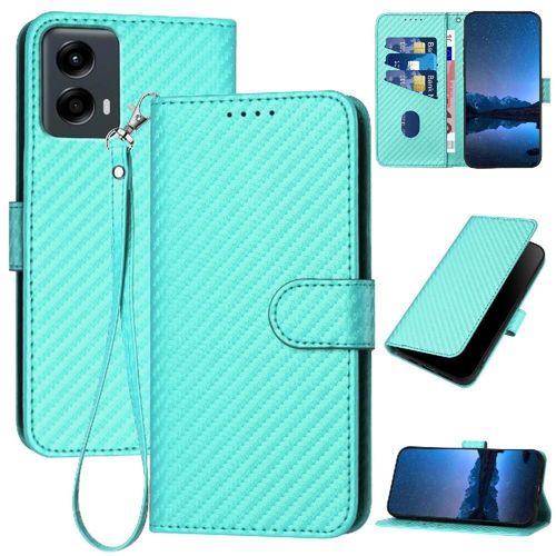 Flip Étui Pour Motorola Moto 5g 2024 Cuir Premium Avec Sangle Détachable Avec Fente Pour Carte Et Béquille Surface De Fibre De Carbone - Vert