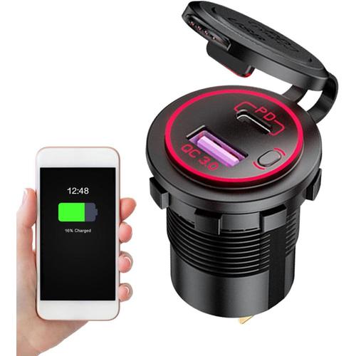 Lumière Rouge Voiture Usb,Pd&qc 3.0 Chargeur Usb 12v/24v À Double Port À Charge Rapiavec Interrupteur D'alimentation | Prise Voiture Compatible Avec Les Téléphones Portables,