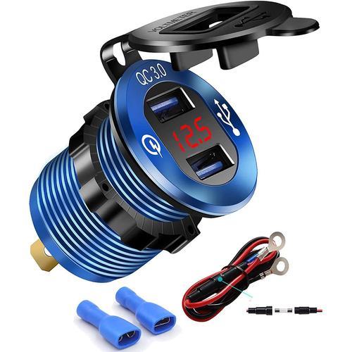 Bleu Adaptateur De Chargeur De Téléphone Usb Double En Aluminium Quick Charge 3.0 Marine, Prise De Courant Usb Étanche Pour Voiture Avec Voltmètre, Fusible 10a Pour Moto 12/24v Bateau, Atv, Utv