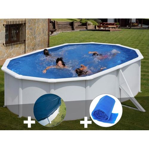Kit piscine acier blanc Gré Bora Bora ovale 5,27 x 3,27 x 1,22 m + Bâche hiver + Bâche à bulles