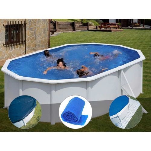 Kit piscine acier blanc Gré Bora Bora ovale 5,27 x 3,27 x 1,22 m + Bâche hiver + Bâche à bulles + Tapis de sol