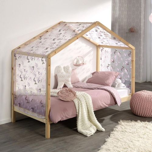Paris Prix - Lit Enfant Cabane & Voile "Dallas Ii" 90x200cm Naturel