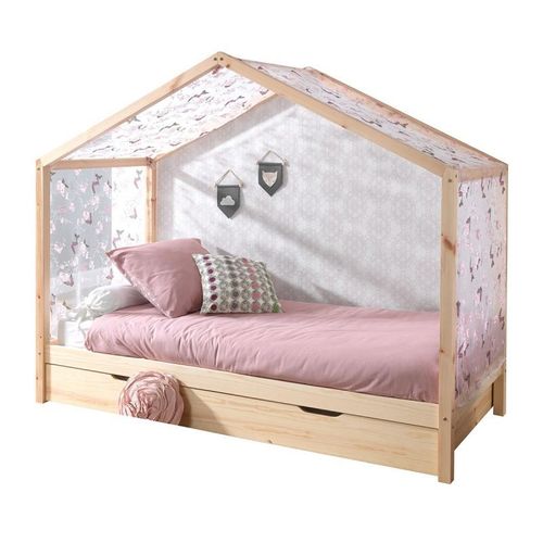 Pack Lit Cabane Enfant, Tiroir & Voile "Dallas Ii" 90x200cm Naturel