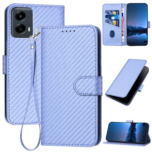 Flip Étui Pour Motorola Moto 5g 2024 Cuir Premium Avec Sangle Détachable Avec Fente Pour Carte Et Béquille Surface De Fibre De Carbone - Violet