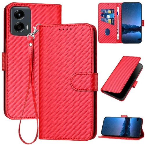 Flip Étui Pour Motorola Moto 5g 2024 Cuir Premium Avec Sangle Détachable Avec Fente Pour Carte Et Béquille Surface De Fibre De Carbone - Rouge