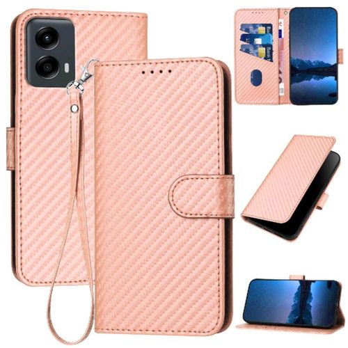 Flip Étui Pour Motorola Moto 5g 2024 Cuir Premium Avec Sangle Détachable Avec Fente Pour Carte Et Béquille Surface De Fibre De Carbone - Couleur Rose