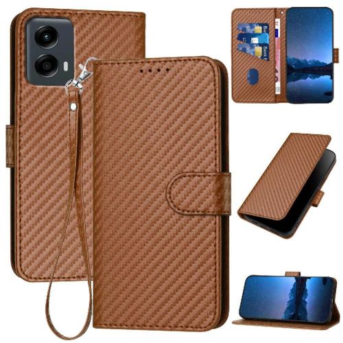 Flip Étui Pour Motorola Moto 5g 2024 Cuir Premium Avec Sangle Détachable Avec Fente Pour Carte Et Béquille Surface De Fibre De Carbone - Le Brun
