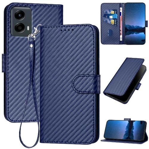 Flip Étui Pour Motorola Moto 5g 2024 Cuir Premium Avec Sangle Détachable Avec Fente Pour Carte Et Béquille Surface De Fibre De Carbone - Bleu
