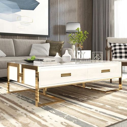 Table Basse Blanche Avec Tiroirs Base Or Laqué Luxuria