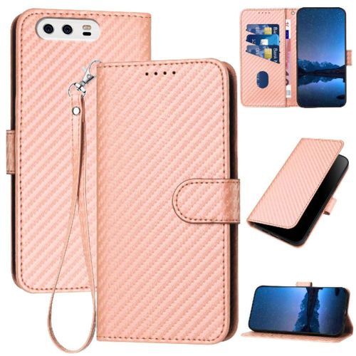 Flip Étui Pour Huawei P10 Avec Fente Pour Carte Et Béquille Cuir Premium Avec Sangle Détachable Surface De Fibre De Carbone - Couleur Rose