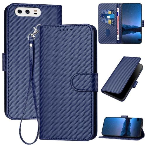 Flip Étui Pour Huawei P10 Avec Fente Pour Carte Et Béquille Cuir Premium Avec Sangle Détachable Surface De Fibre De Carbone - Bleu