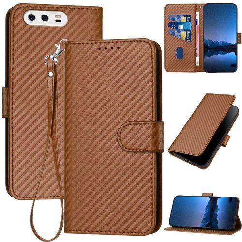 Flip Étui Pour Huawei P10 Avec Fente Pour Carte Et Béquille Cuir Premium Avec Sangle Détachable Surface De Fibre De Carbone - Le Brun