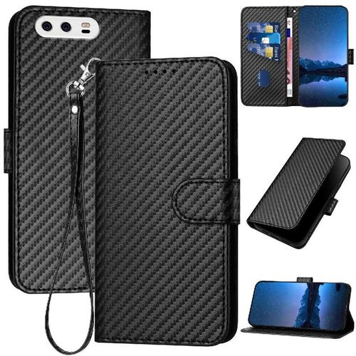 Flip Étui Pour Huawei P10 Avec Fente Pour Carte Et Béquille Cuir Premium Avec Sangle Détachable Surface De Fibre De Carbone - Noir