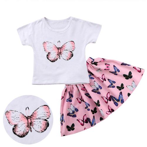 Ensemble deux pièces pour enfants, costume femme et fille, imprimé papillon,  T shirt et jupe, tenue d'été