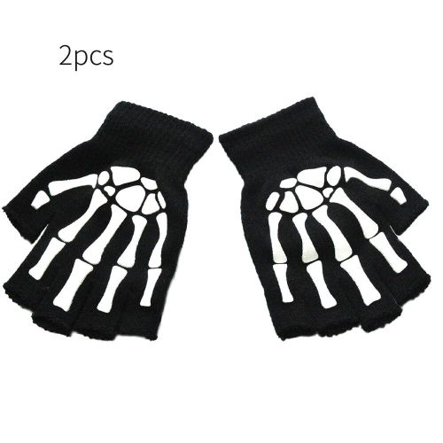 Costumes De Cosplay Unisexe Pour Adultes, 2 Pièces, Gants Demi Doigt, Squelette, Crâne, Brille Dans La Nuit, Mascarade, Fête De La Mort, #567