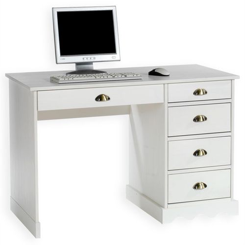 Bureau Colette Rangement Avec 5 Tiroirs Et Poignées Coquille, En Pin Massif Lasuré Blanc