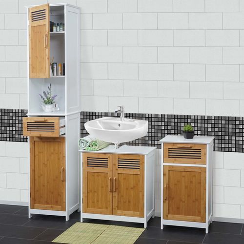 Set De Salle De Bains Hwc-A85, Armoire Commode Meuble Sous-Lavabo, Bambou, Blanc