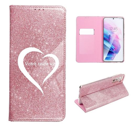 Etui Rabat Iphone 13 Pro Paillettes Rose Coeur Blanc Love Personnalisee