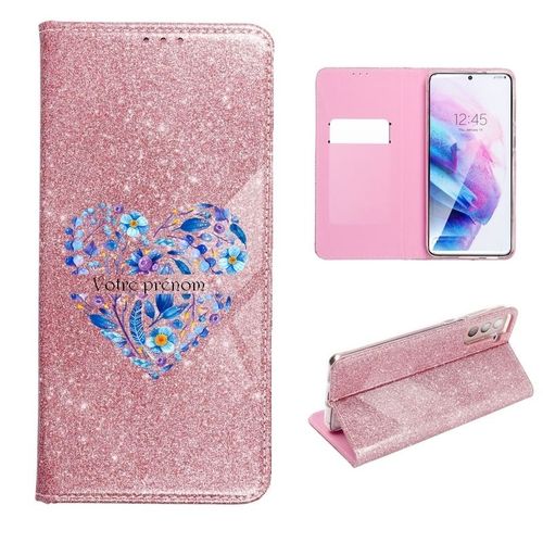 Etui Rabat Iphone 13 Pro Paillettes Rose Coeur Blanc Bleu Avec Votre Prénom