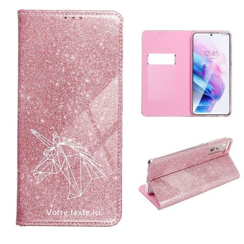 Etui Rabat Iphone 13 Pro Paillettes Rose Licorne Geometrique Blanche Personnalisee